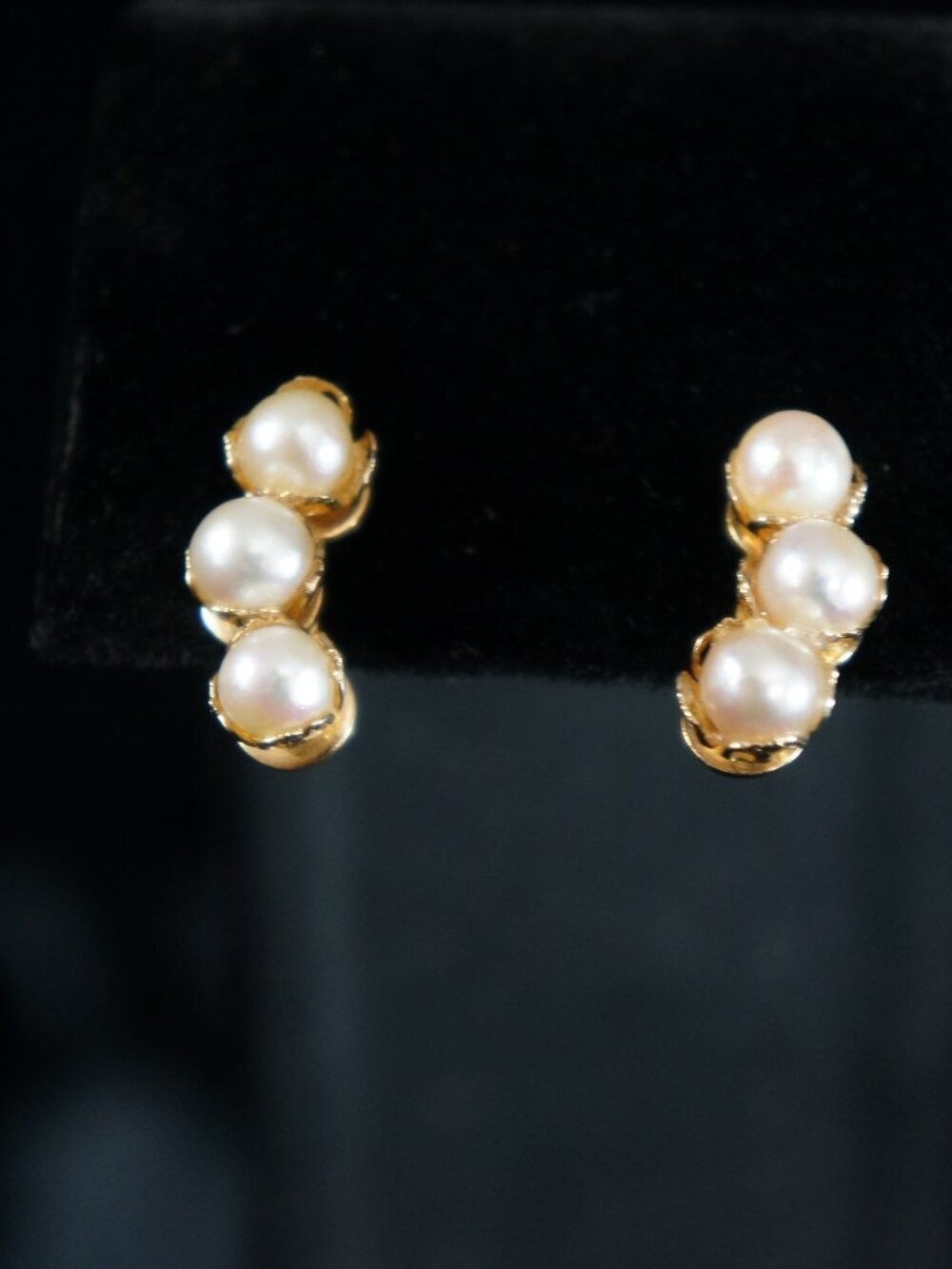 Vintage Women's Faux Pearl, Gold Toned, Screw Back Earrings, Tri Cluster
